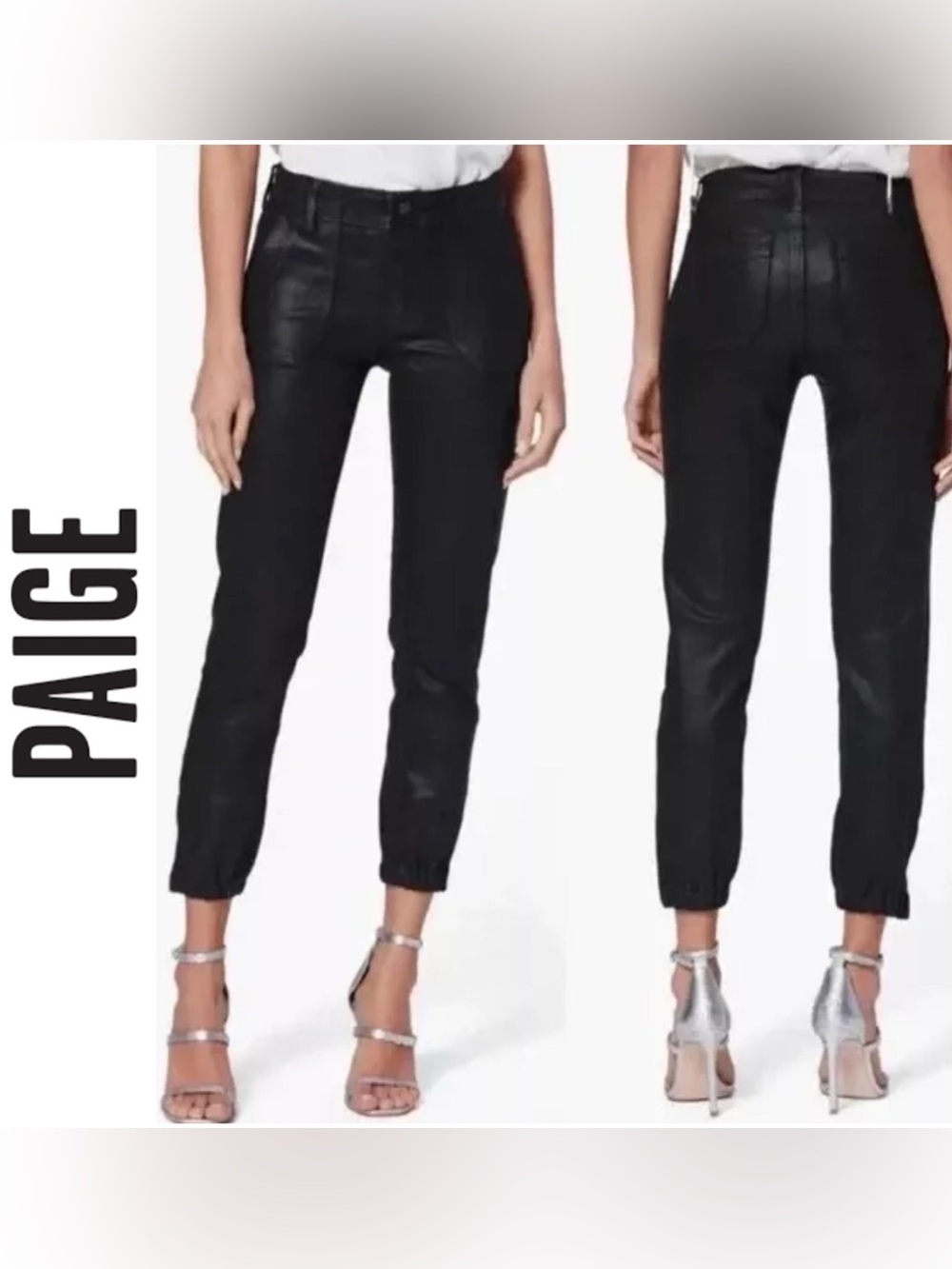 NWT PAIGE Utility Jogger Pants Luxe Black Coated Denim Patch Pockets Cropped - Picture 9 of 10